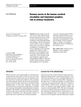 Sensory Nerves in the Human Cerebral Circulation and Trigeminal Ganglion: Role in Primary Headaches