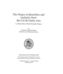 The Origin of Phonolites and Trachytes from the Col De Guéry Area Le Mont