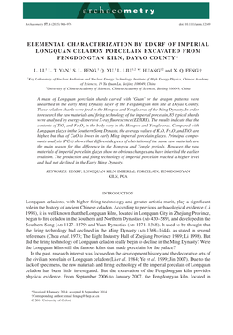 Elemental Characterization by Edxrf of Imperial Longquan Celadon Porcelain Excavated from Fengdongyan Kiln, Dayao County*