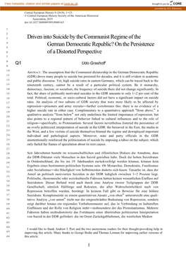 Driven Into Suicide by the Communist Regime of the 4 German Democratic Republic? on the Persistence 5 6 of a Distorted Perspective 7 8 Q1 Udo Grashoff 9 10 ABSTRACT