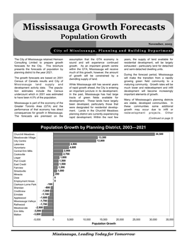 Mississauga Growth Forecasts Population Growth November, 2003