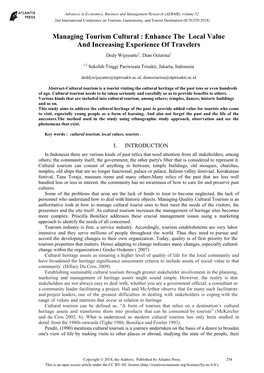 Managing Tourism Cultural : Enhance the Local Value and Increasing Experience of Travelers Dedy Wijayanto1, Dian Octarina2