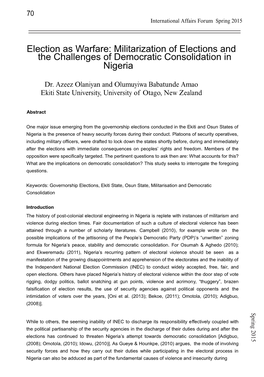 Election As Warfare: Militarization of Elections and the Challenges of Democratic Consolidation in Nigeria