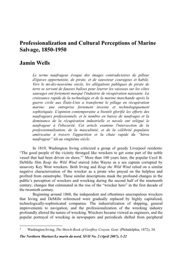 Professionalization and Cultural Perceptions of Marine Salvage, 1850-1950 Jamin Wells