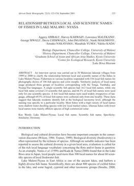 Relationship Between Local and Scientific Names of Fishes in Lake Malawi / Nyasa