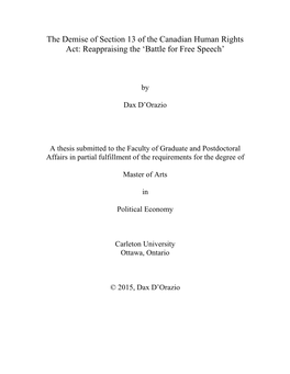 The Demise of Section 13 of the Canadian Human Rights Act: Reappraising the ‘Battle for Free Speech’