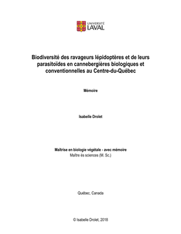 Biodiversité Des Ravageurs Lépidoptères Et De Leurs Parasitoïdes En Cannebergières Biologiques Et Conventionnelles Au Centre-Du-Québec