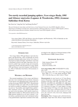 Two Newly Recorded Jumping Spiders, Neon Ningyo Ikeda, 1995 and Sibianor Nigriculus (Logunov & Wesolowska, 1992) (Araneae: Salticidae) from Korea