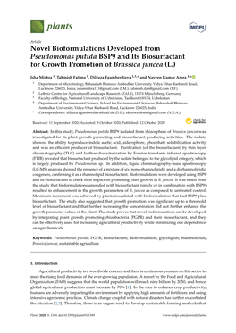 Novel Bioformulations Developed from Pseudomonas Putida BSP9 and Its Biosurfactant for Growth Promotion of Brassica Juncea (L.)