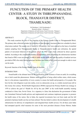 Funcution of the Primary Health Center: a Study in Thiruppanandal Block, Thanjavur District, Thamilnadu