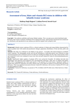 Assessment of Iron, Folate and Vitamin B12 Status in Children with Infantile Tremor Syndrome