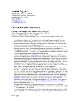 Irwin Appel Department of Theater and Dance University of California Santa Barbara Santa Barbara, CA 93106 (805) 403-2515 Irwinappel@Ucsb.Edu