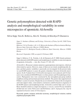 Genetic Polymorphism Detected with RAPD Analysis and Morphological Variability in Some Microspecies of Apomictic Alchemilla