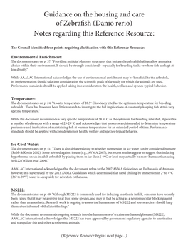 Guidance on the Housing and Care of Zebrafish (Danio Rerio) Notes Regarding This Reference Resource