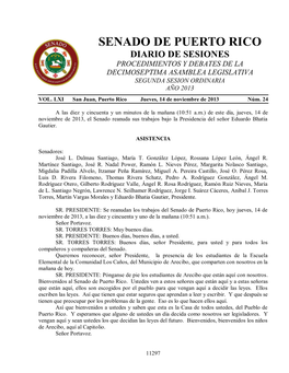 Senado De Puerto Rico Diario De Sesiones Procedimientos Y Debates De La Decimoseptima Asamblea Legislativa Segunda Sesion Ordinaria Año 2013 Vol