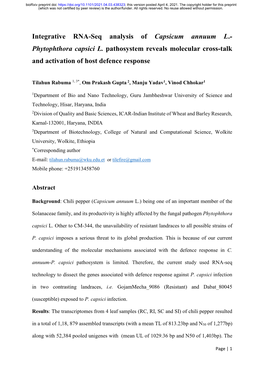 Integrative RNA-Seq Analysis of Capsicum Annuum L.- Phytophthora Capsici L