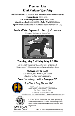 Premium List Irish Water Spaniel Club of America 82Nd National Specialty