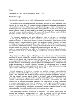 (Leaps) (Published in the Times Literary Supplement, January 1973) Imaginative Leaps Alan Macfarlane Argues the Benefits Which S
