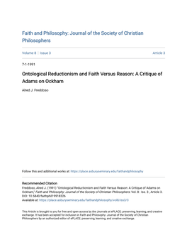Ontological Reductionism and Faith Versus Reason: a Critique of Adams on Ockham