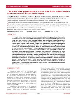 The Mbd4 DNA Glycosylase Protects Mice from Inflammation- Driven Colon Cancer and Tissue Injury