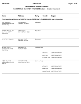 08/31/2021 Page 1 of 41 Official List Candidates for General Assembly