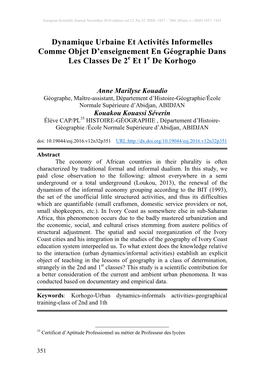 Dynamique Urbaine Et Activités Informelles Comme Objet D’Enseignement En Géographie Dans Les Classes De 2E Et 1E De Korhogo
