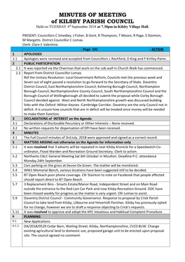 MINUTES of MEETING of KILSBY PARISH COUNCIL Held on TUESDAY 4Th September 2018 at 7.30Pm in Kilsby Village Hall