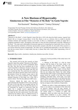 A New Horizon of Hyperreality Simulacrum on Film “Memories of My Body” by Garin Nugroho Puri Kurniasih1,* Bambang Sunarto2, Tommy Christomy3