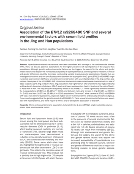 Original Article Association of the BTNL2 Rs9268480 SNP and Several Environmental Factors with Serum Lipid Profiles in the Jing and Han Populations
