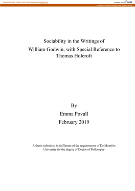 Sociability in the Writings of William Godwin, with Special Reference to Thomas Holcroft