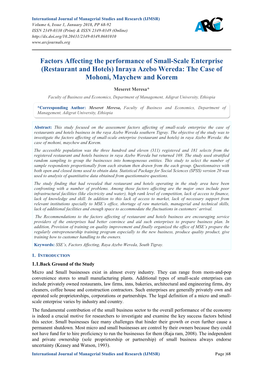 Factors Affecting the Performance of Small-Scale Enterprise (Restaurant and Hotels) Inraya Azebo Wereda: the Case of Mohoni, Maychew and Korem