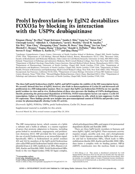 Prolyl Hydroxylation by Egln2 Destabilizes Foxo3a by Blocking Its Interaction with the Usp9x Deubiquitinase