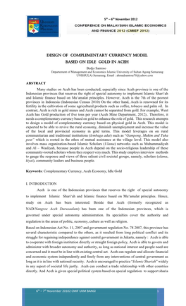 DESIGN of COMPLEMENTARY CURRENCY MODEL BASED on IDLE GOLD in ACEH ABSTRACT Many Studies on Aceh Has Been Conducted, Especially