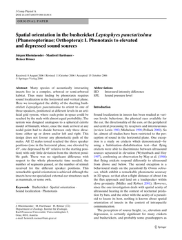 Spatial Orientation in the Bushcricket Leptophyes Punctatissima (Phaneropterinae; Orthoptera): I