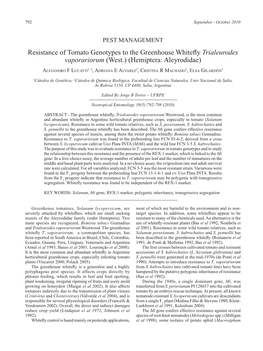 Resistance of Tomato Genotypes to the Greenhouse Whiteflytrialeurodes Vaporariorum (West.) (Hemiptera: Aleyrodidae)