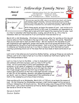 Fellowship Family News March a Publication of Fellowship Lutheran Church, Rev