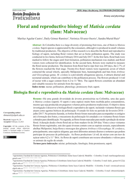 Floral and Reproductive Biology of Matisia Cordata (Fam: Malvaceae)