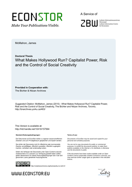 What Makes Hollywood Run? Capitalist Power, Risk and the Control of Social Creativity