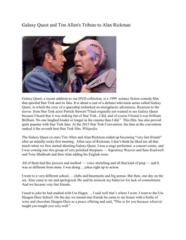 Galaxy Quest and Tim Allen's Tribute to Alan Rickman