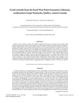 Fossil Crinoids from the Basal West Point Formation (Silurian), Southeastern Gaspé Peninsula, Québec, Eastern Canada