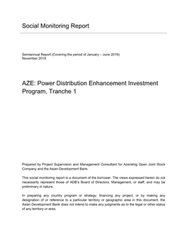 Power Distribution Enhancement Investment Program – Tranche 1: Social Monitoring Report (January-June 2019)