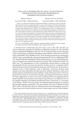 THE LEXICAL DISTRIBUTION of LABIAL-VELAR STOPS IS a WINDOW INTO the LINGUISTIC PREHISTORY of NORTHERN SUB-SAHARAN AFRICA Dmitry Idiatov Mark L