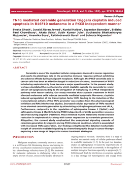 Tnfα Mediated Ceramide Generation Triggers Cisplatin Induced Apoptosis in B16F10 Melanoma in a Pkcδ Independent Manner