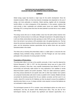 Photovoltaic Solar Energy in Portugal State-Of-The-Art and Perspectives of Development