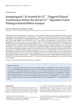 Synaptotagmin-7 Is Essential for Ca -Triggered Delayed Asynchronous Release but Not for Ca -Dependent Vesicle Priming in Retinal