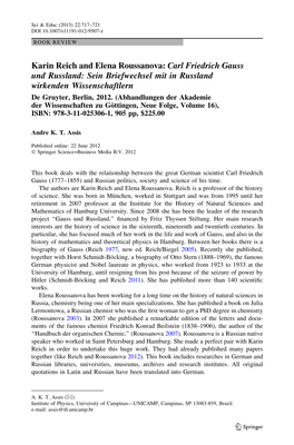 Carl Friedrich Gauss Und Russland: Sein Briefwechsel Mit in Russland Wirkenden Wissenschaftlern De Gruyter, Berlin, 2012