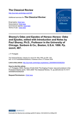 Shorey's Odes and Epodes of Horace Horace: Odes and Epodes, Edited with Introduction and Notes by Paul Shorey, Ph.D., Professor in the University of Chicago