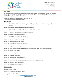 Major Holy Days Calendar