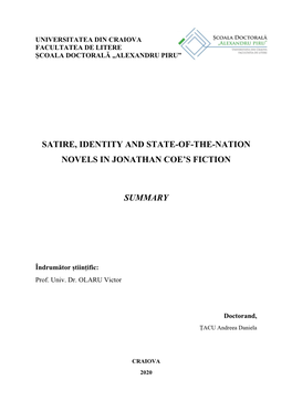 Satire, Identity and State-Of-The-Nation Novels in Jonathan Coe’S Fiction