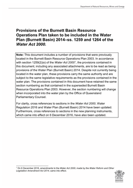 Provisions of the Burnett Basin Resource Operations Plan Taken to Be Included in the Water Plan (Burnett Basin) 2014–Ss